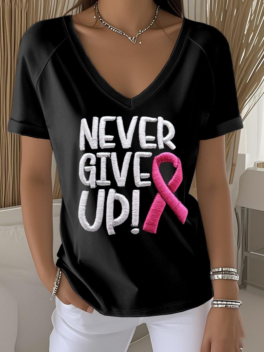 Women's Retro Never Give Up Breast Cancer Awareness Printed Raglan V-Neck T-Shirt