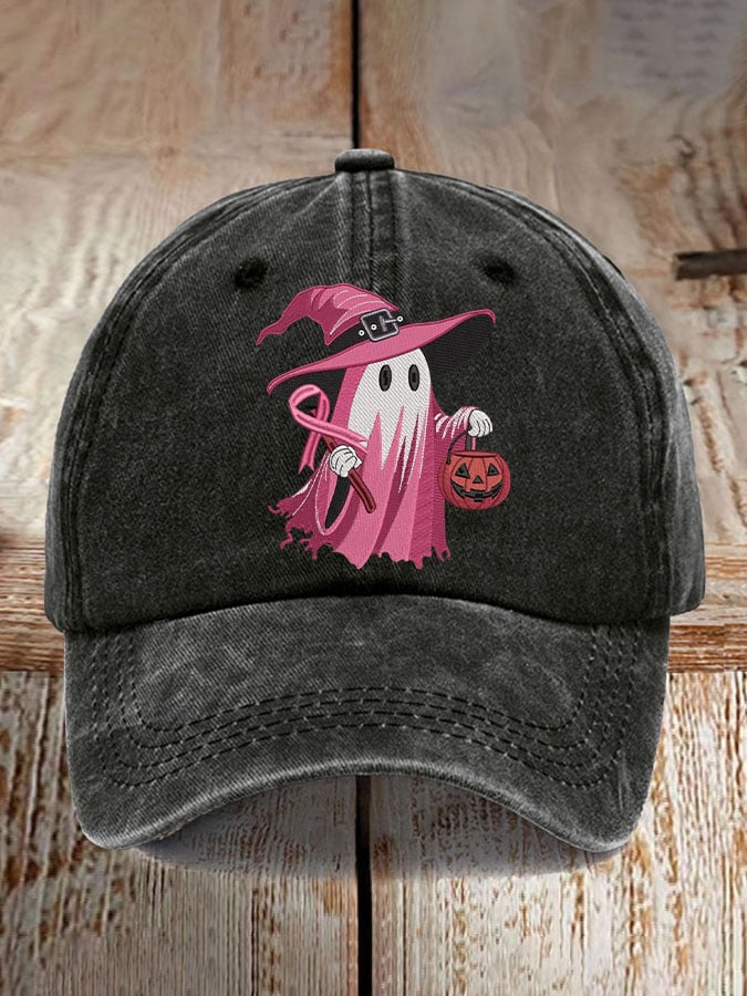 Retro Pink Ghost Breast Cancer Awareness Print Baseball Cap