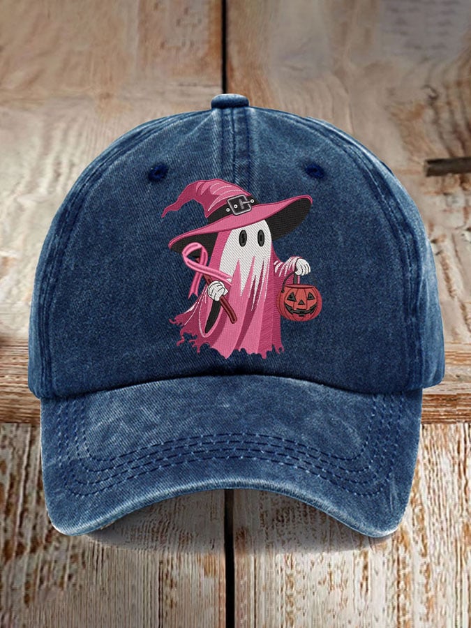 Retro Pink Ghost Breast Cancer Awareness Print Baseball Cap