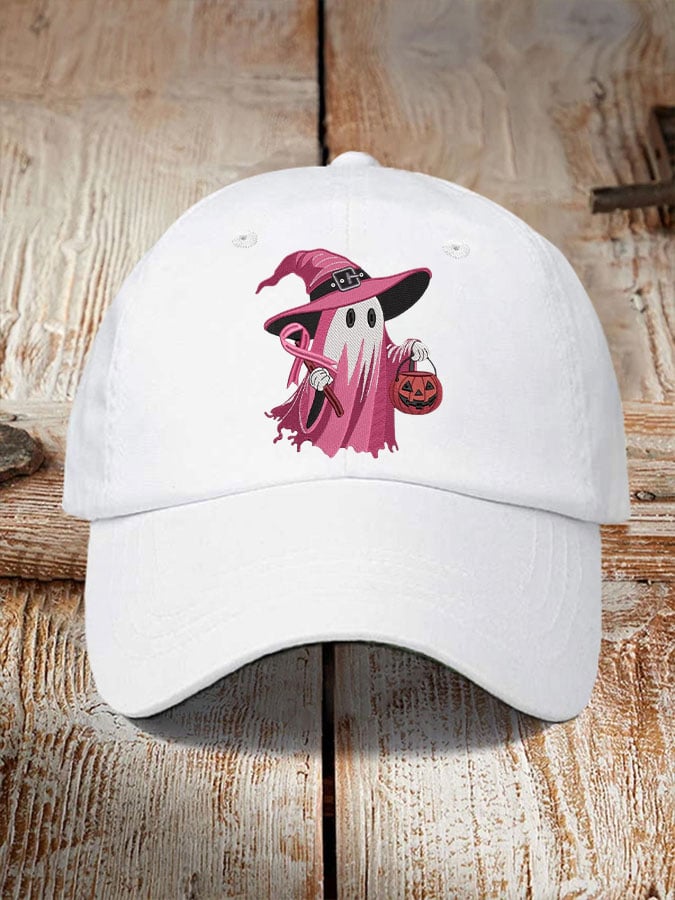 Retro Pink Ghost Breast Cancer Awareness Print Baseball Cap