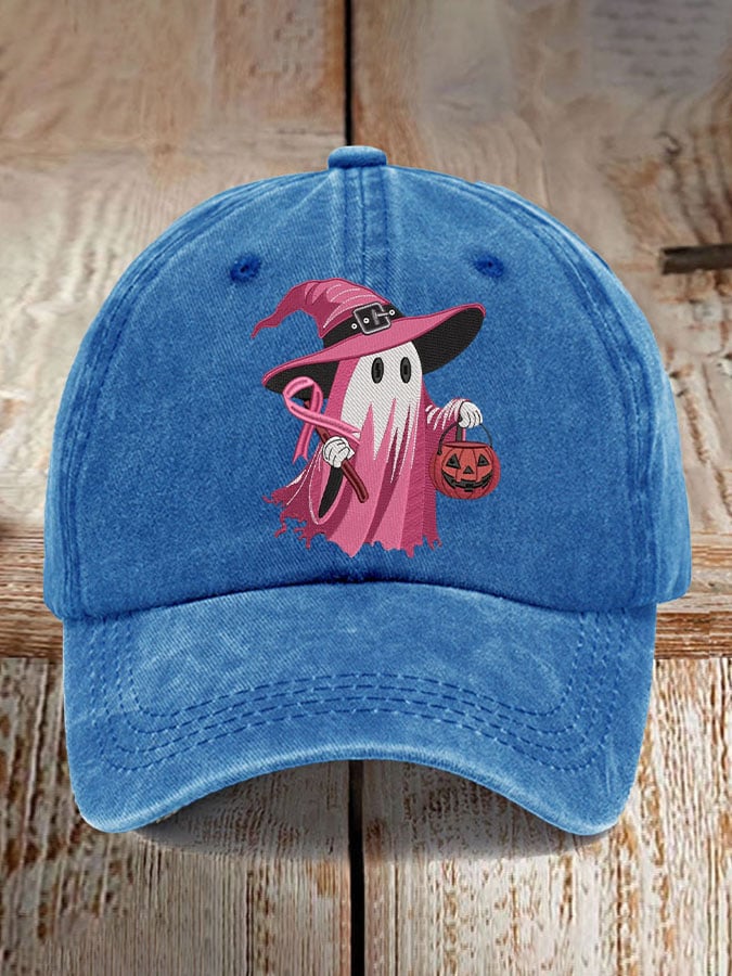 Retro Pink Ghost Breast Cancer Awareness Print Baseball Cap