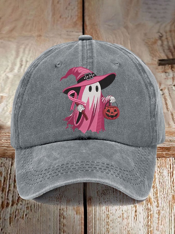 Retro Pink Ghost Breast Cancer Awareness Print Baseball Cap