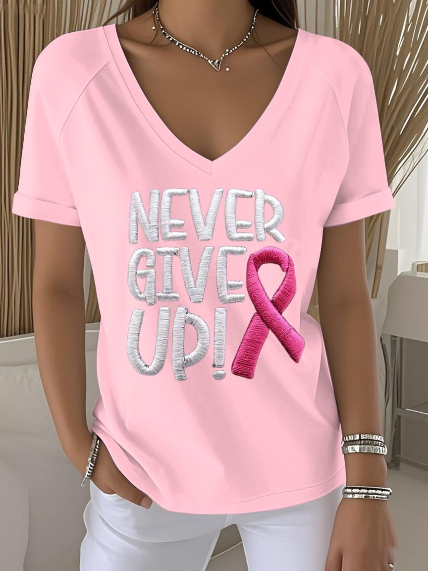 Women's Retro Never Give Up Breast Cancer Awareness Printed Raglan V-Neck T-Shirt
