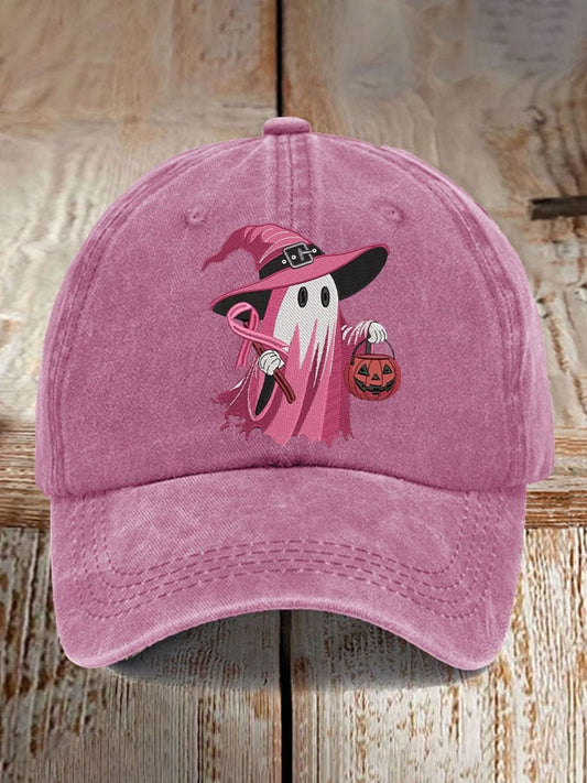 Retro Pink Ghost Breast Cancer Awareness Print Baseball Cap