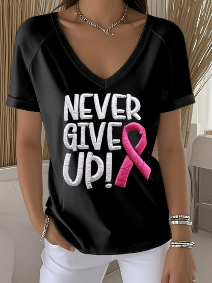 Women's Retro Never Give Up Breast Cancer Awareness Printed Raglan V-Neck T-Shirt