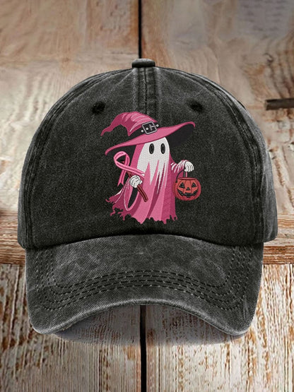 Retro Pink Ghost Breast Cancer Awareness Print Baseball Cap