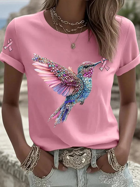 Women's Pink Ribbon Print Casual T-shirt