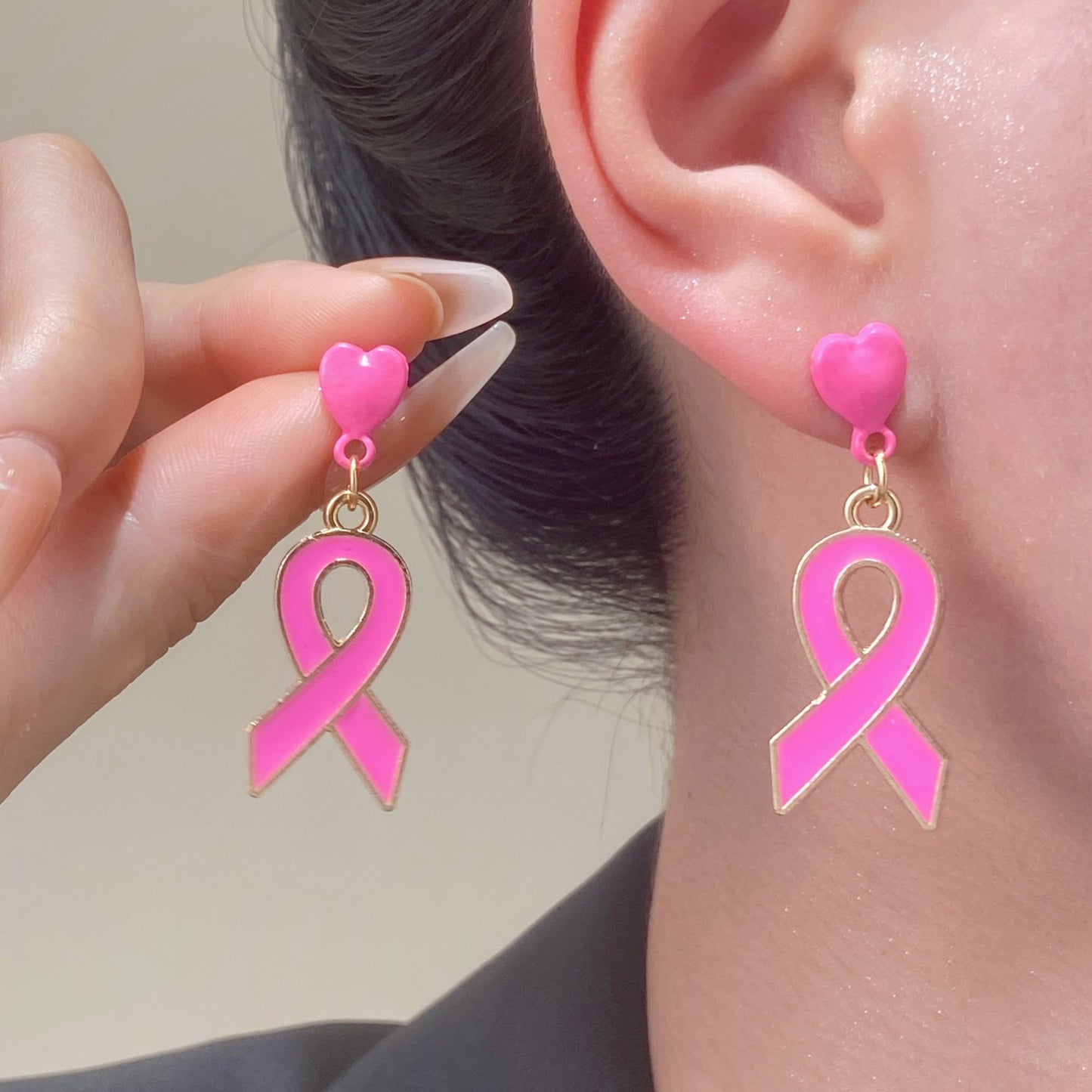 Drip Oil Pink Ribbon Earrings