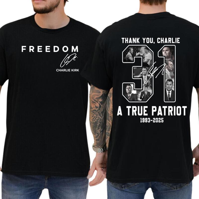 Freedom Charlie Kirk 2 Sided T-shirt, True Patriot Graphic Tee, Rest In Peace Charlie Kirk, Made in USA, for Men & Women 100% Cotton
