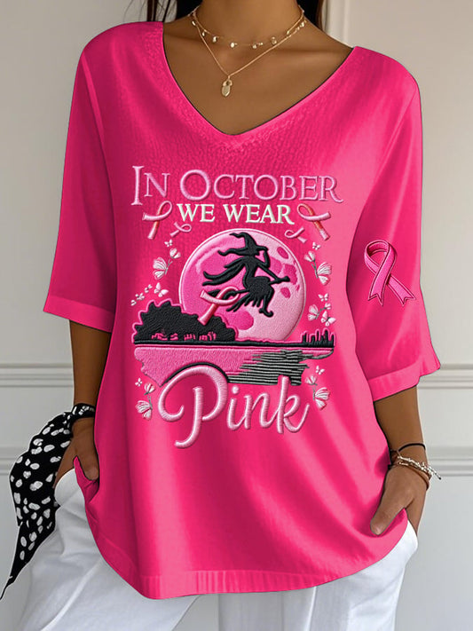Women's casual October we wear pink witch bubble wrinkle top