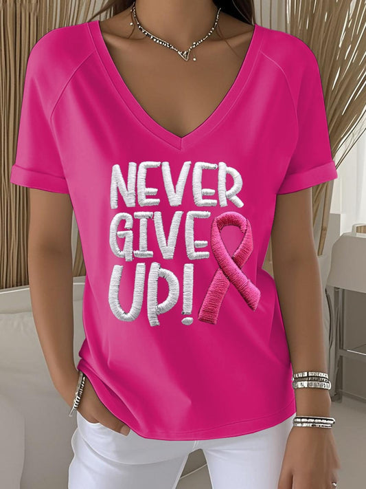 Women's Retro Never Give Up Breast Cancer Awareness Printed Raglan V-Neck T-Shirt