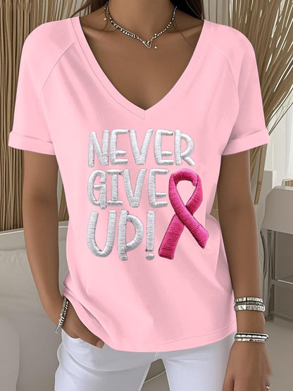 Women's Retro Never Give Up Breast Cancer Awareness Printed Raglan V-Neck T-Shirt