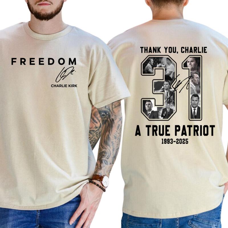Freedom Charlie Kirk 2 Sided T-shirt, True Patriot Graphic Tee, Rest In Peace Charlie Kirk, Made in USA, for Men & Women 100% Cotton